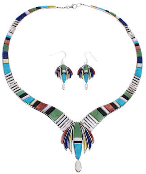 Multicolor Inlay Sterling Silver Link Necklace Earrings Set GS75564